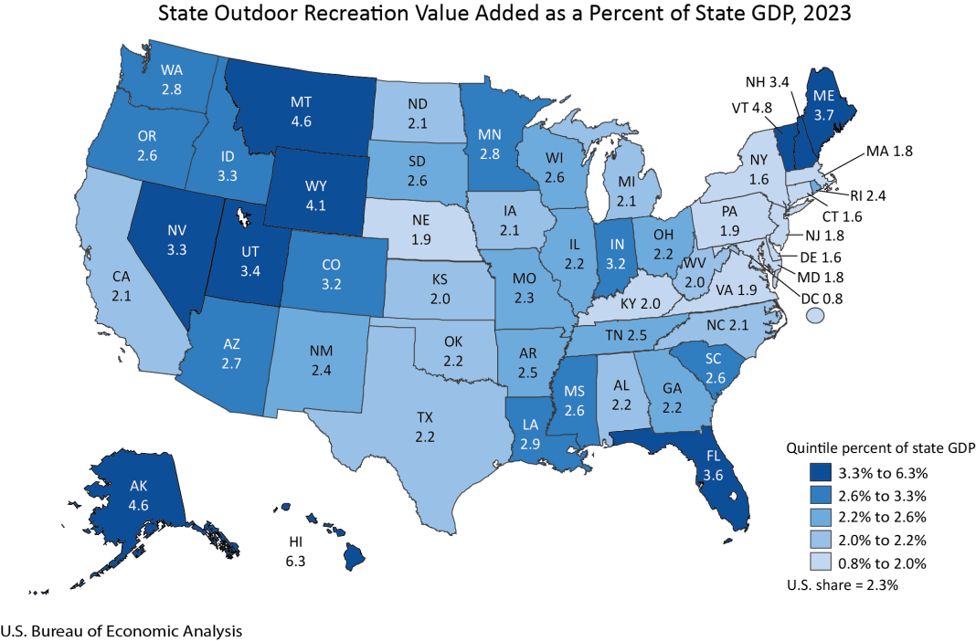 Map of State Outdoor Recreation Value Added, 2023