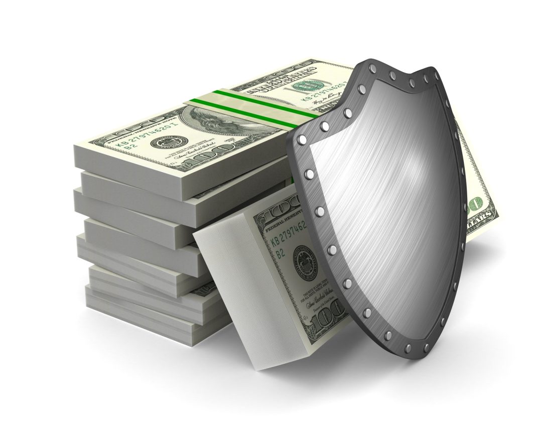 money and shield on white background. Isolated 3D illustration